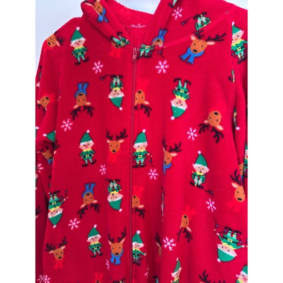 Fleece Hooded Christmas Bodysuit Mens L Red Elf Reindeer Print Family PJs Macys - Picture 7 of 7